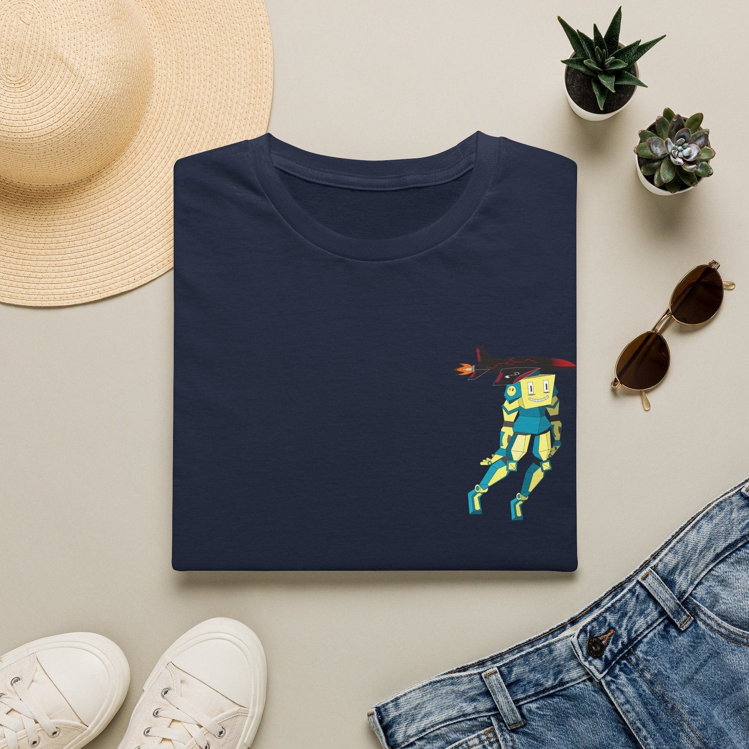 Cute Robot Dog Pocket Tee in Navy, front view