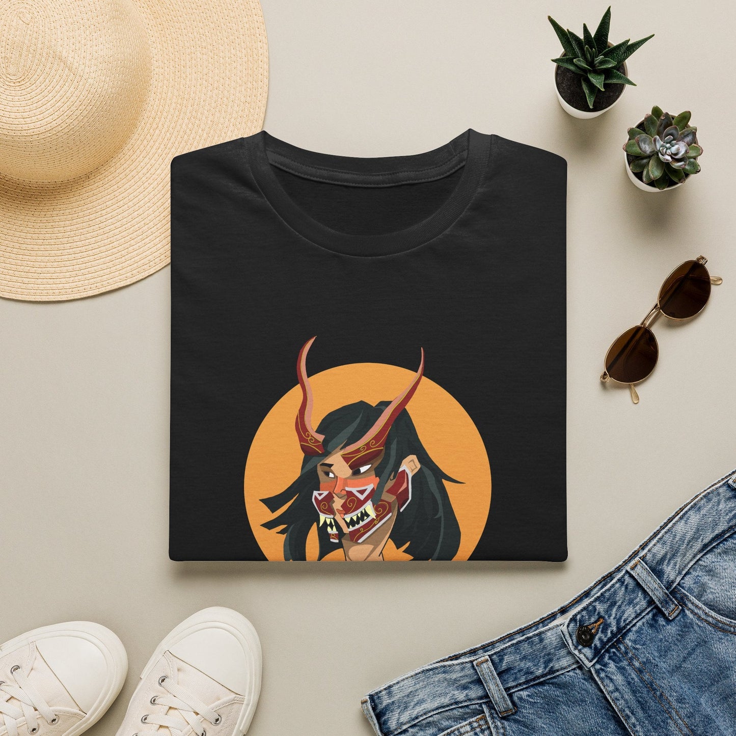 Demon Hannya Mask T-Shirt in Navy, close-up of chest graphic