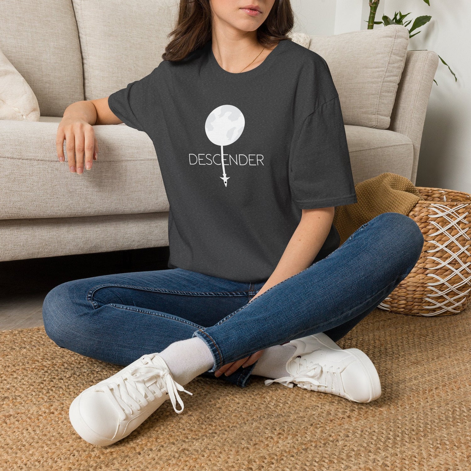Descender Moon T-Shirt in Military Green, close-up of chest graphic