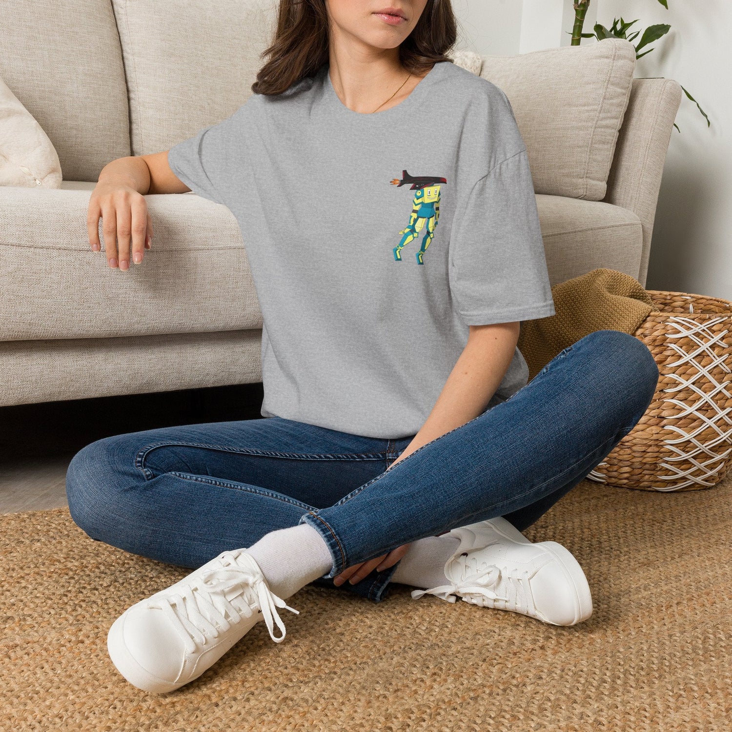 Cute Robot Dog Pocket Tee in Sport Grey, front view