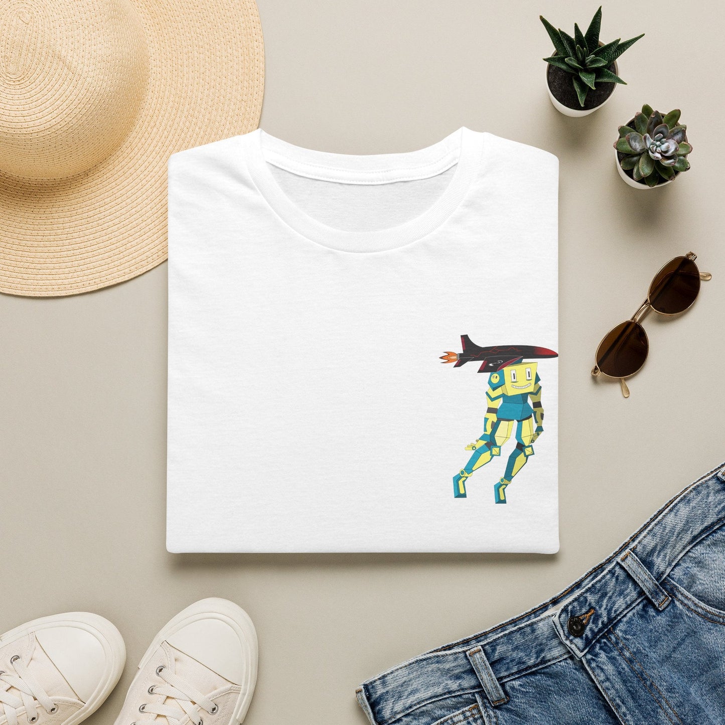 Cute Robot Dog Pocket Tee in Light Blue, front view