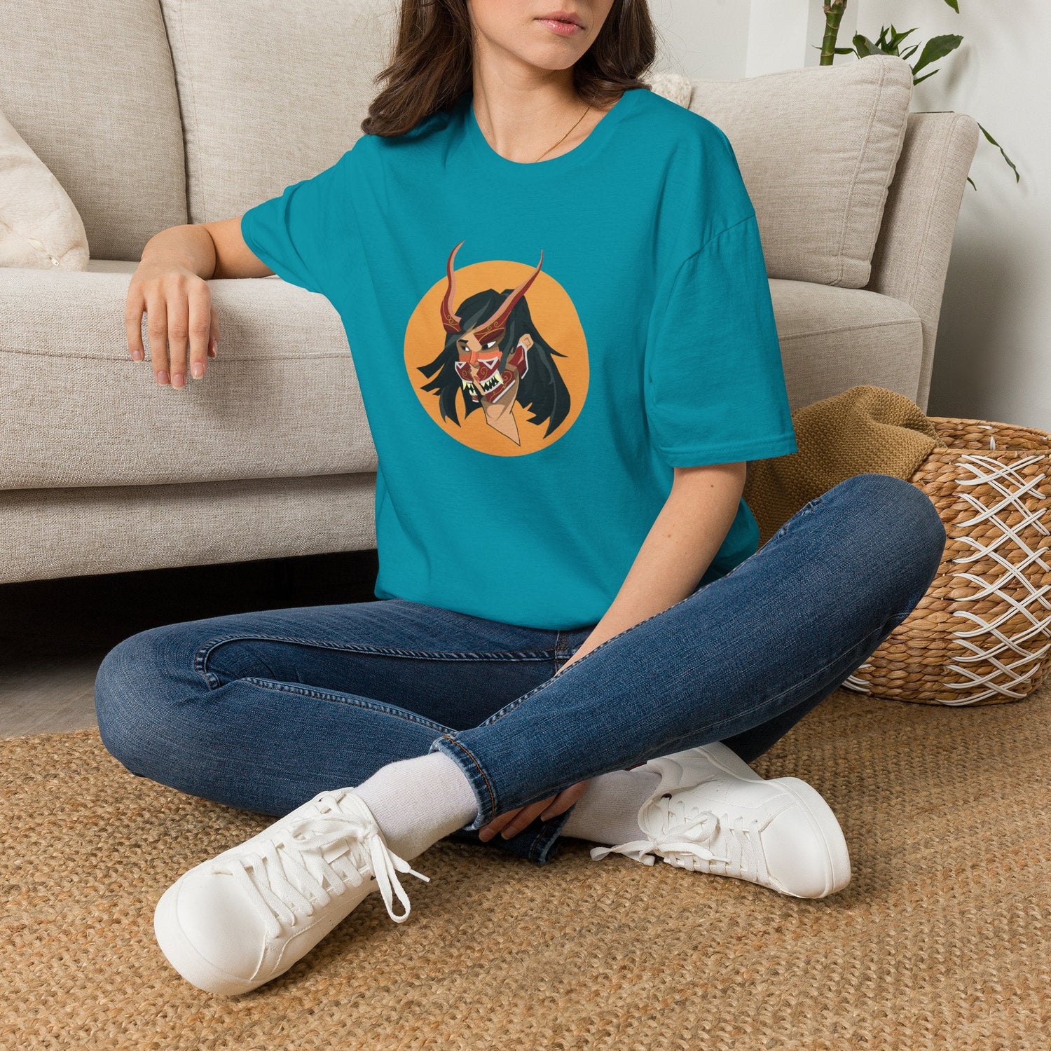 Demon Hannya Mask T-Shirt in White, lifestyle photo