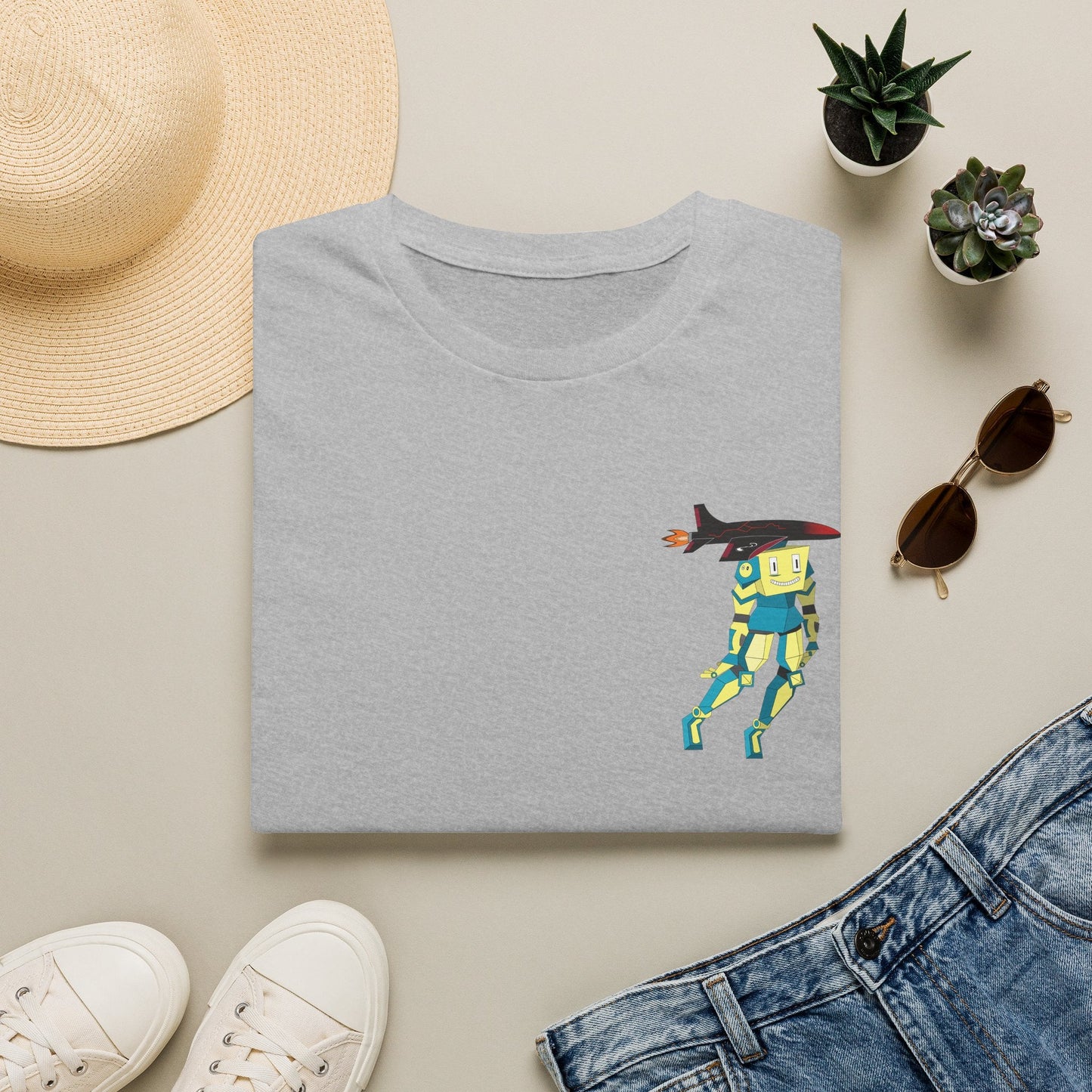 Cute Robot Dog Pocket Tee in Light Blue, close-up of chest graphic