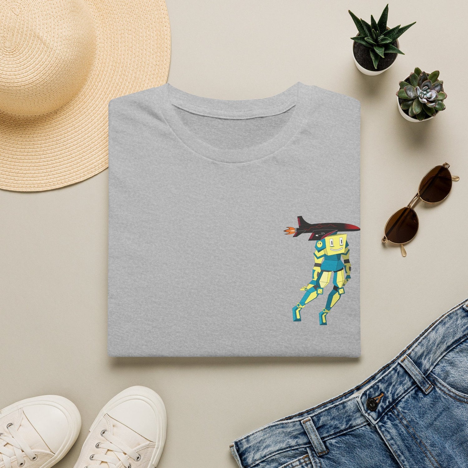 Cute Robot Dog Pocket Tee in Light Blue, close-up of chest graphic