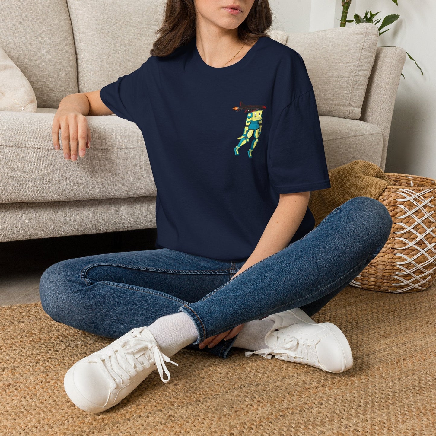 Cute Robot Dog Pocket Tee in White, close-up of chest graphic
