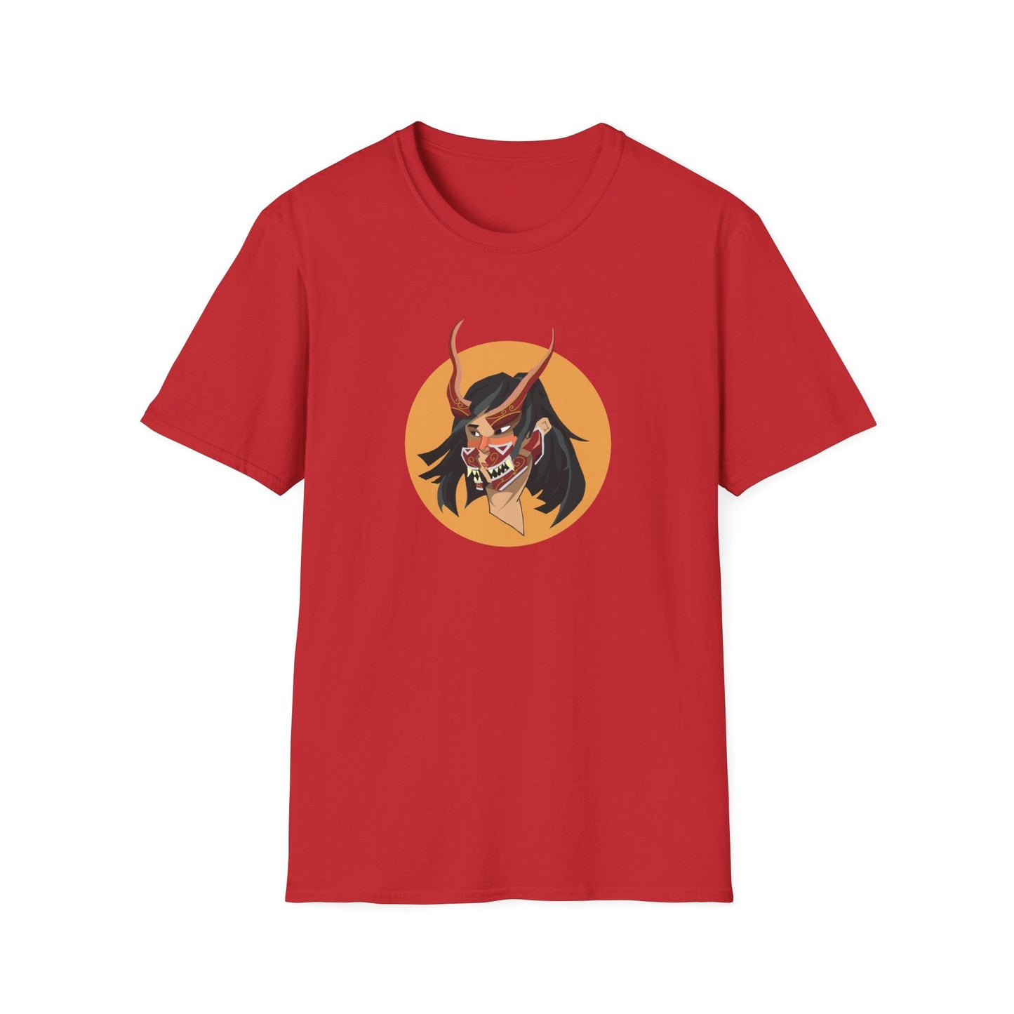 Demon Hannya Mask T-Shirt in Tropical Blue, close-up of chest graphic