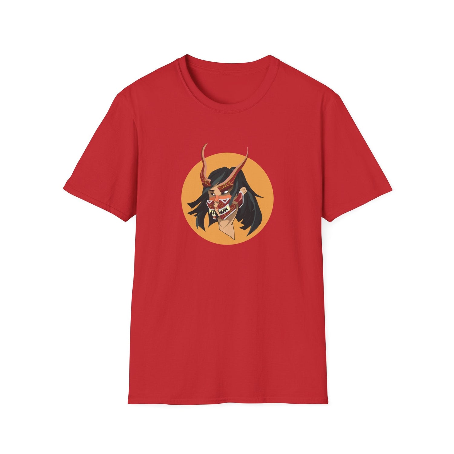 Demon Hannya Mask T-Shirt in Tropical Blue, close-up of chest graphic