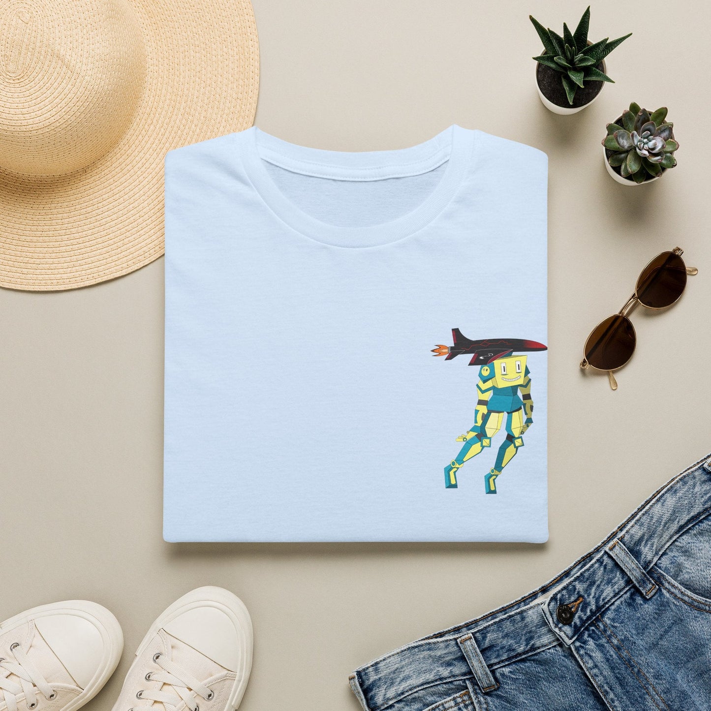 Cute Robot Dog Pocket Tee in Light Blue, lifestyle photo