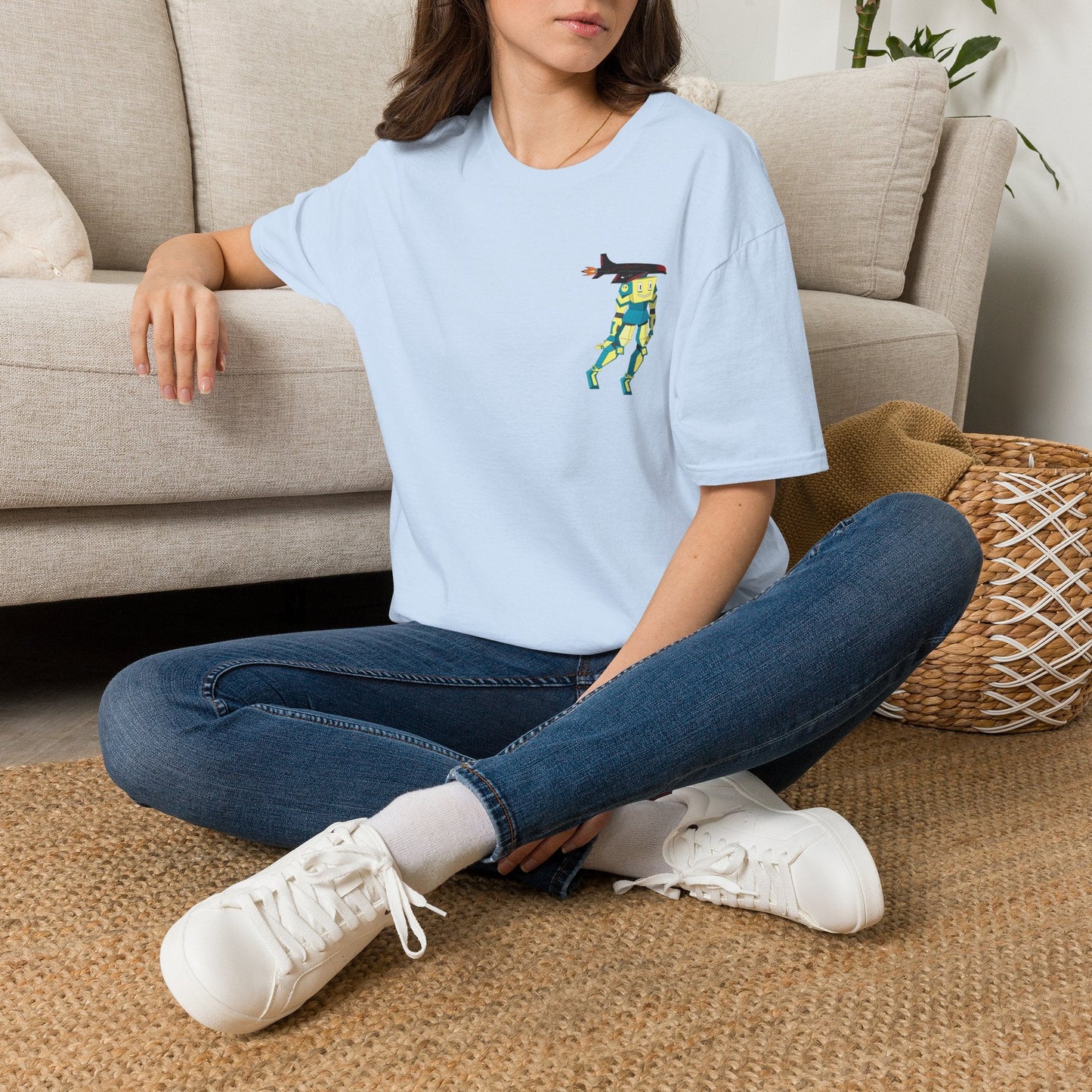 Cute Robot Dog Pocket Tee in Sport Grey, lifestyle photo